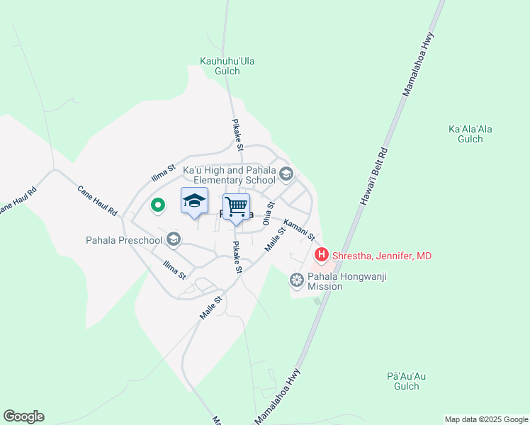 map of restaurants, bars, coffee shops, grocery stores, and more near 96-1161 Ohia Street in Pahala