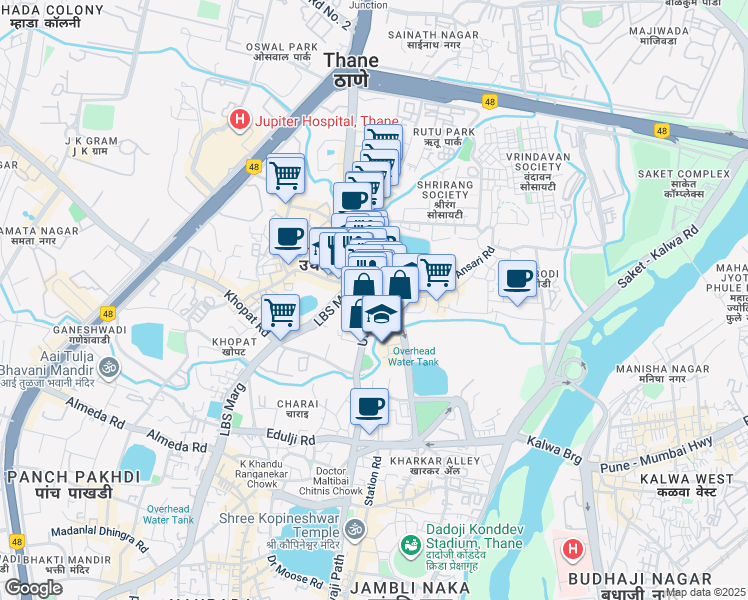 map of restaurants, bars, coffee shops, grocery stores, and more near Uthalsar Road in Thane