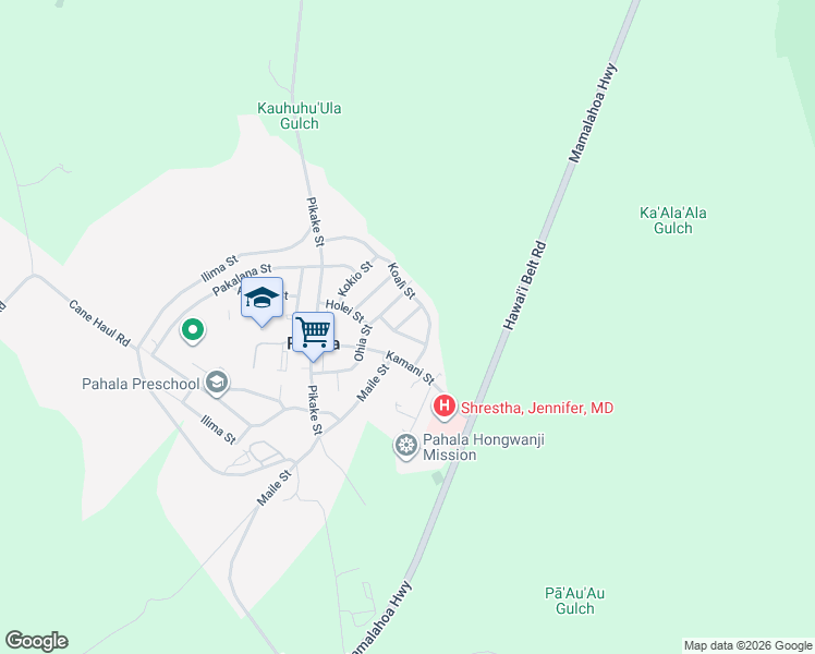 map of restaurants, bars, coffee shops, grocery stores, and more near 96-1143 Iliau Street in Hilo