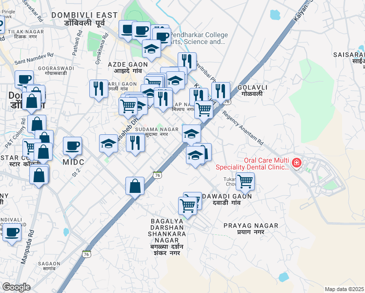 map of restaurants, bars, coffee shops, grocery stores, and more near Kalyan - Shilphata Road in Dombivli