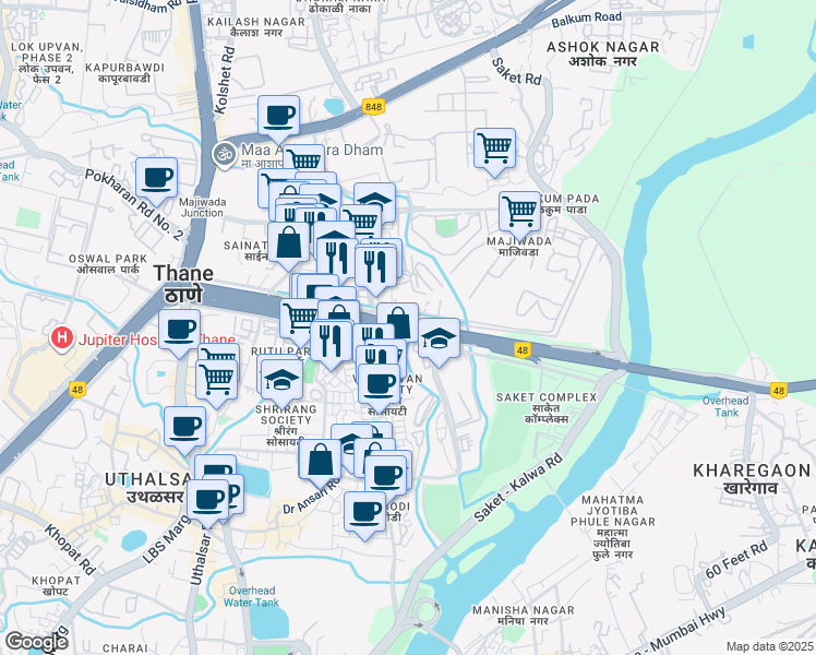 map of restaurants, bars, coffee shops, grocery stores, and more near Eastern Express Highway in Thane