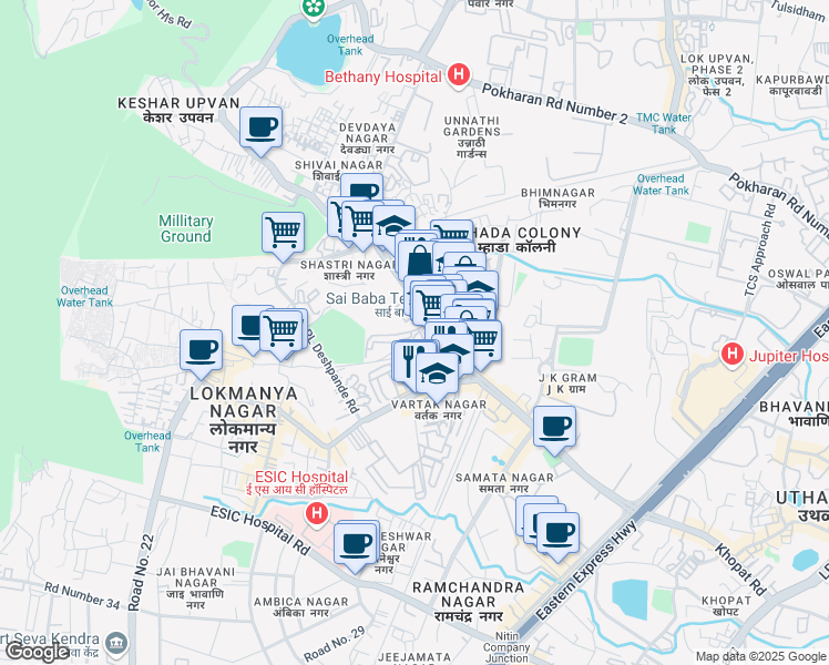 map of restaurants, bars, coffee shops, grocery stores, and more near Pokharan Road Number 1 in Thane