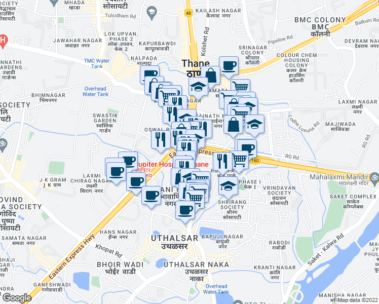 map of restaurants, bars, coffee shops, grocery stores, and more near S-1 Eastern Express Highway in Thane