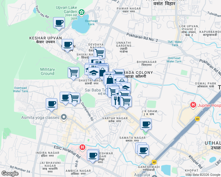 map of restaurants, bars, coffee shops, grocery stores, and more near Pokharan Road Number 1 in Thane