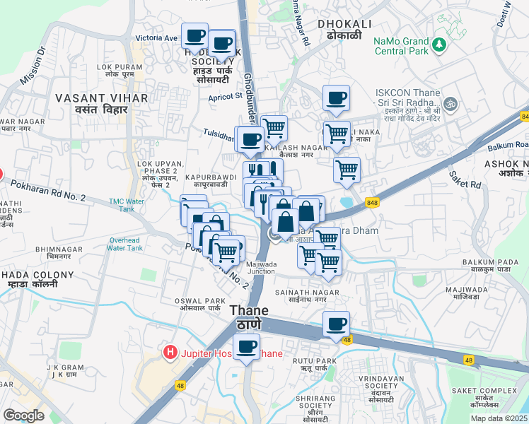 map of restaurants, bars, coffee shops, grocery stores, and more near in Thane