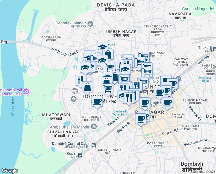 map of restaurants, bars, coffee shops, grocery stores, and more near Mumbra Devi Road in Dombivli