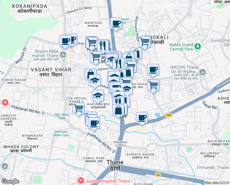 map of restaurants, bars, coffee shops, grocery stores, and more near Ghodbunder Road in Thane