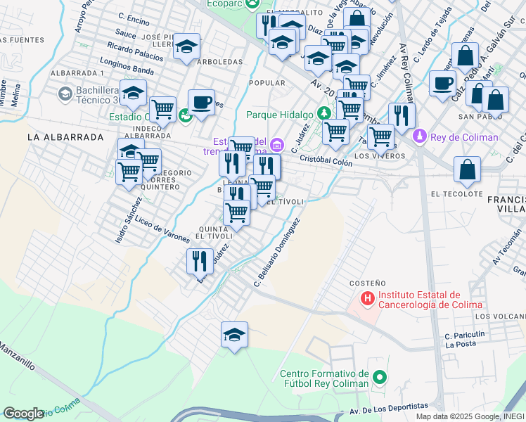 map of restaurants, bars, coffee shops, grocery stores, and more near 218 Francisco cortes de San Buenaventura in Colima
