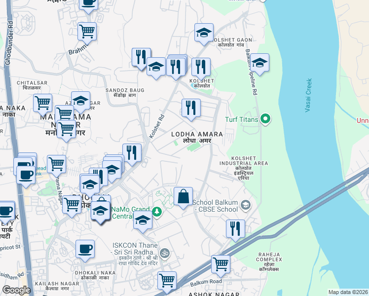 map of restaurants, bars, coffee shops, grocery stores, and more near Kolshet Road in Thane