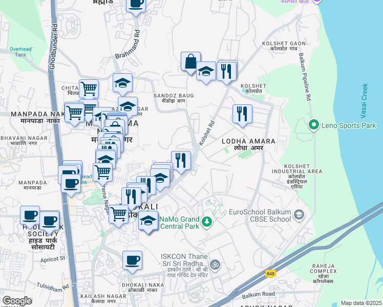 map of restaurants, bars, coffee shops, grocery stores, and more near Kolshet Road in Thane