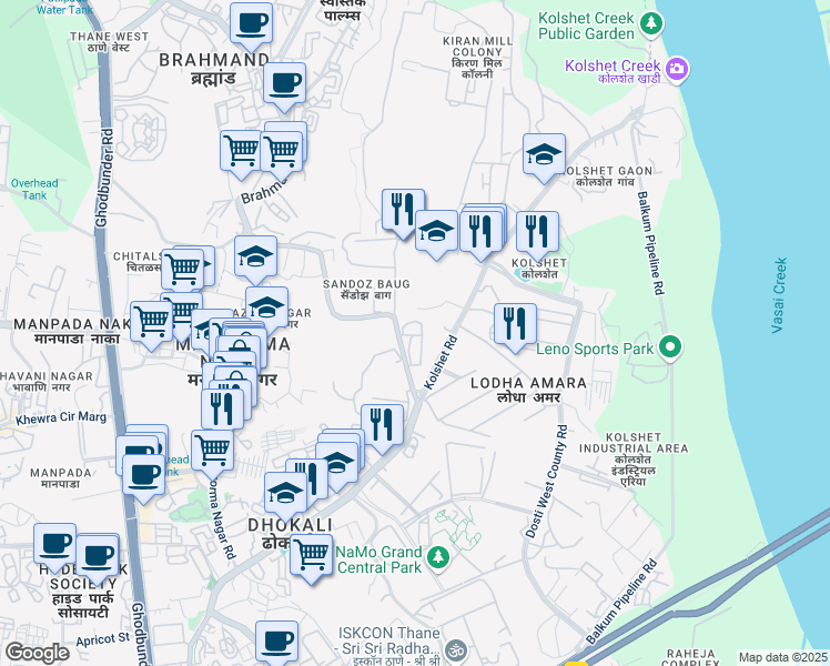 map of restaurants, bars, coffee shops, grocery stores, and more near Kolshet Road in Thane