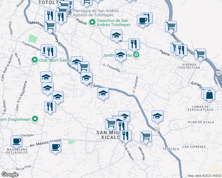 map of restaurants, bars, coffee shops, grocery stores, and more near Carretera Federal A Cuernavaca in Ciudad de México