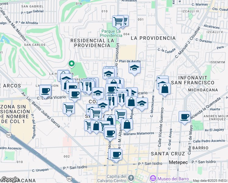 map of restaurants, bars, coffee shops, grocery stores, and more near 144 Avenida Ignacio Comonfort in Metepec