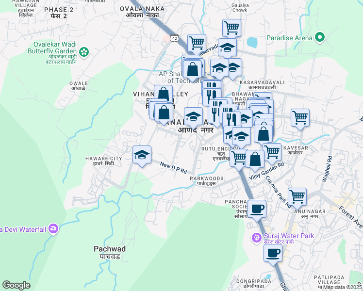 map of restaurants, bars, coffee shops, grocery stores, and more near Ghodbunder Road in Thane