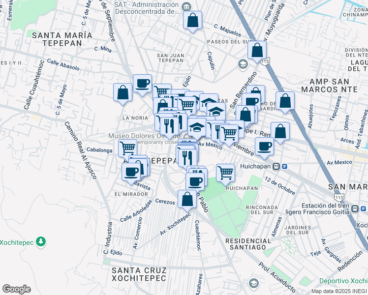 map of restaurants, bars, coffee shops, grocery stores, and more near 35 Antiguo Camino a Xochimilco in Mexico City