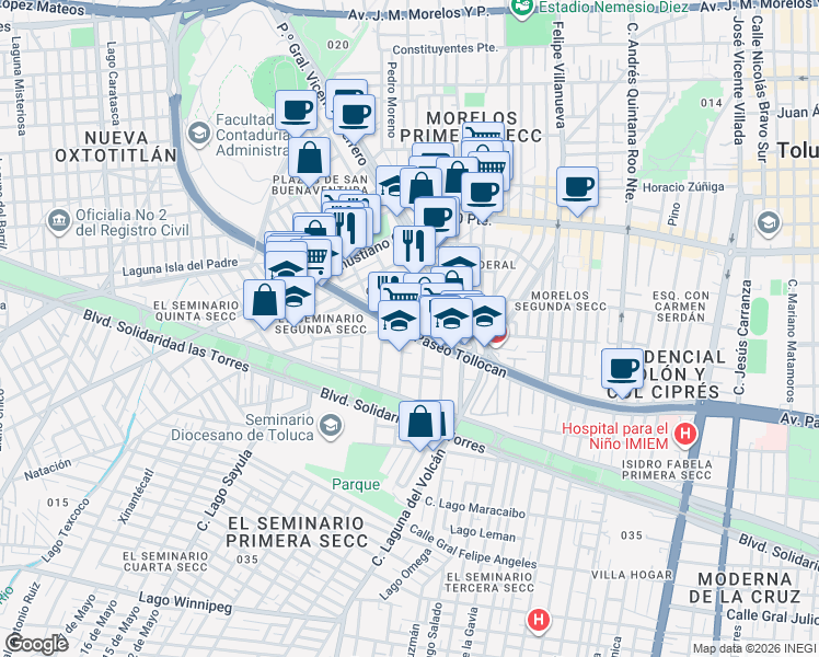 map of restaurants, bars, coffee shops, grocery stores, and more near 818 Avenida Paseo Tollocan in Toluca de Lerdo
