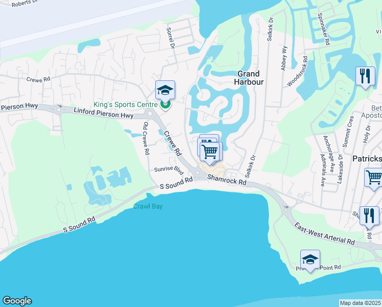 map of restaurants, bars, coffee shops, grocery stores, and more near Edgewater Way in George Town