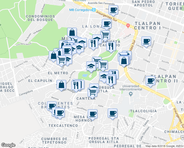 map of restaurants, bars, coffee shops, grocery stores, and more near 425 Avenida de Las Fuentes in Ciudad de México