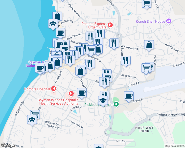 map of restaurants, bars, coffee shops, grocery stores, and more near 171 Elgin Avenue in George Town
