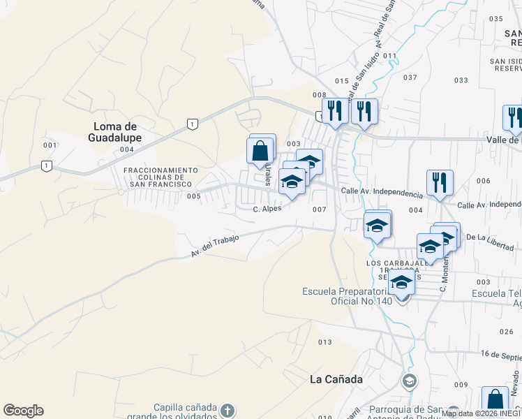 map of restaurants, bars, coffee shops, grocery stores, and more near 926 Calle Alpes in San Francisco Tlalcilalcalpan