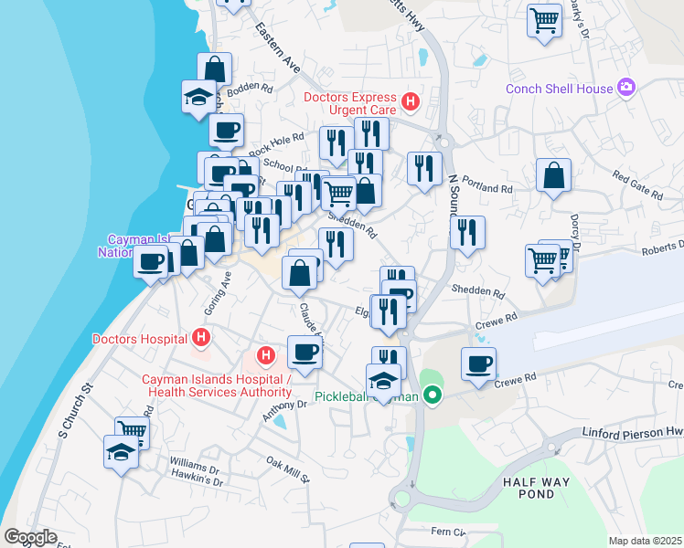 map of restaurants, bars, coffee shops, grocery stores, and more near 171 Elgin Avenue in George Town