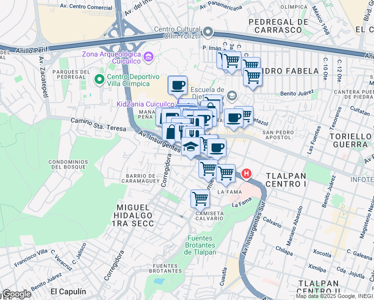 map of restaurants, bars, coffee shops, grocery stores, and more near 3720 Avenida de los Insurgentes Sur in Ciudad de México