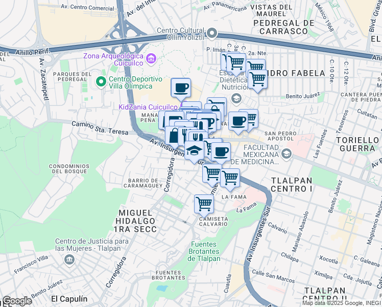 map of restaurants, bars, coffee shops, grocery stores, and more near 3720 Avenida de los Insurgentes Sur in Ciudad de México