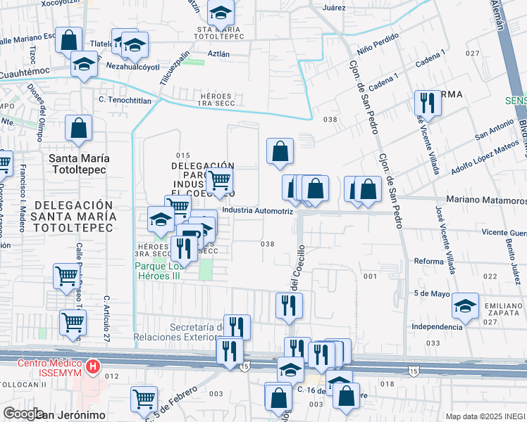 map of restaurants, bars, coffee shops, grocery stores, and more near Industria Automotriz in Toluca de Lerdo