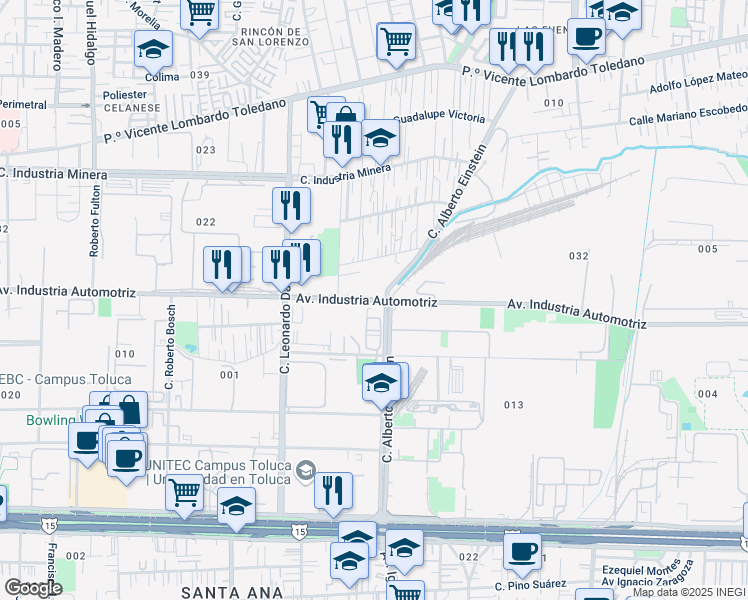 map of restaurants, bars, coffee shops, grocery stores, and more near Industria Automotriz in Toluca de Lerdo
