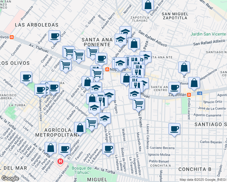 map of restaurants, bars, coffee shops, grocery stores, and more near Bodas de Figaro in Ciudad de México