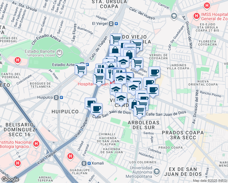 map of restaurants, bars, coffee shops, grocery stores, and more near 3 Calzada Acoxpa in Ciudad de México