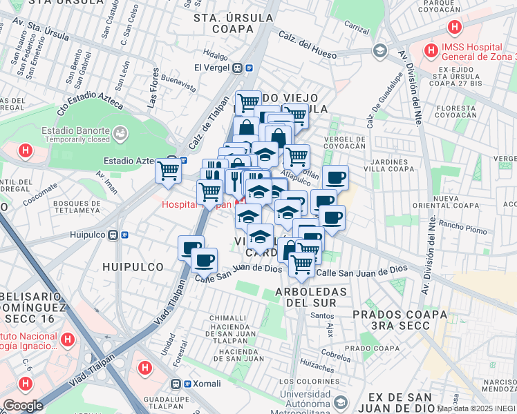 map of restaurants, bars, coffee shops, grocery stores, and more near 3 Calzada Acoxpa in Ciudad de México