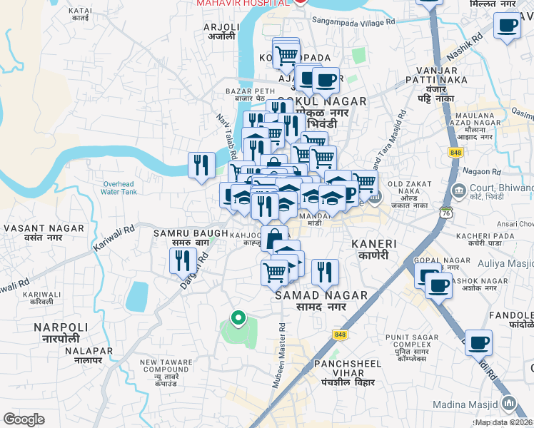 map of restaurants, bars, coffee shops, grocery stores, and more near  in Bhiwandi