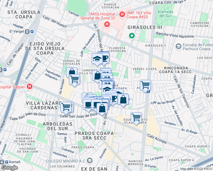map of restaurants, bars, coffee shops, grocery stores, and more near 4293 Avenida División del Norte in Mexico City