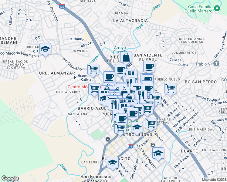 map of restaurants, bars, coffee shops, grocery stores, and more near Calle Luperon in San Francisco de Macorís