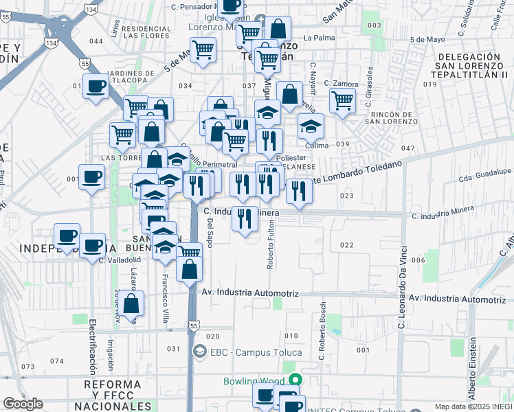 map of restaurants, bars, coffee shops, grocery stores, and more near 509 Calle Industria Minera in Toluca de Lerdo