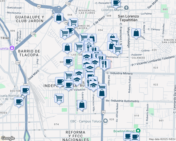 map of restaurants, bars, coffee shops, grocery stores, and more near 509 Calle Industria Minera in Toluca de Lerdo