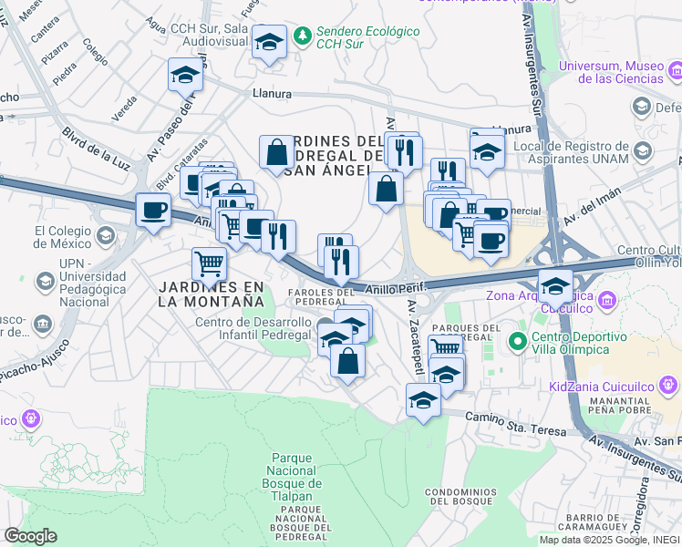 map of restaurants, bars, coffee shops, grocery stores, and more near 4690 Anillo Periférico in Ciudad de México