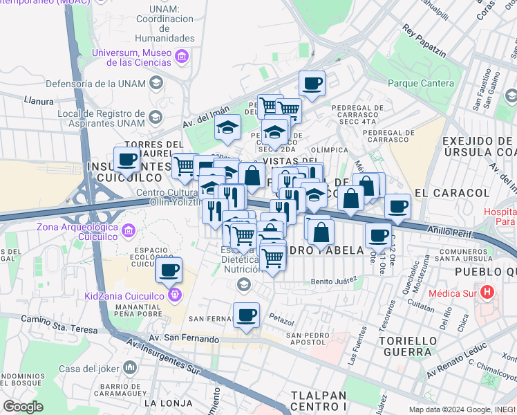 map of restaurants, bars, coffee shops, grocery stores, and more near Anillo Periférico Boulevard Adolfo López Mateos in Ciudad de México