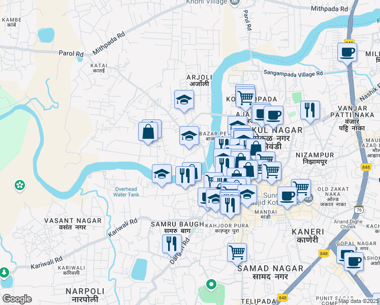 map of restaurants, bars, coffee shops, grocery stores, and more near Eidgah Road in Bhiwandi