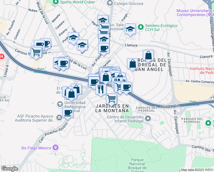 map of restaurants, bars, coffee shops, grocery stores, and more near 2165 Periferico Sur in Ciudad de México