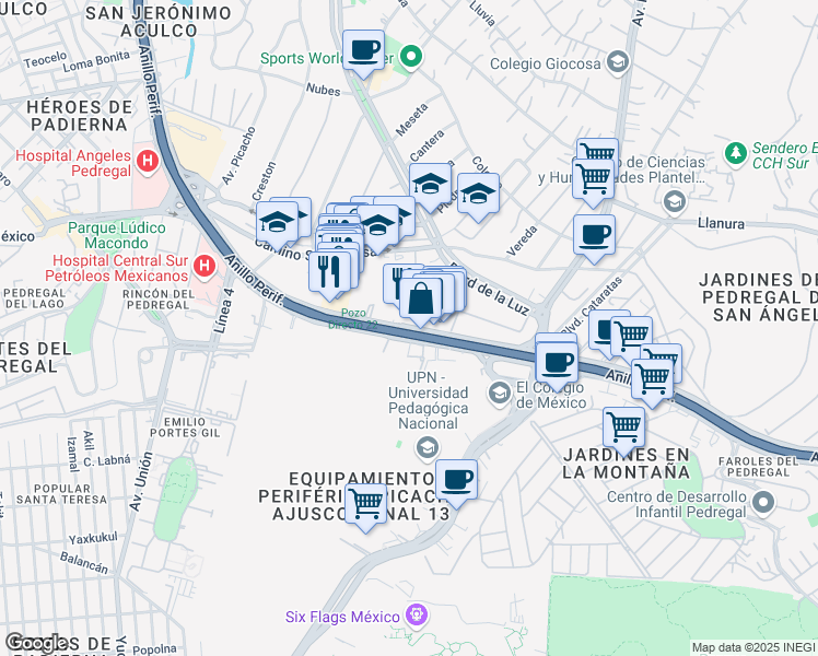 map of restaurants, bars, coffee shops, grocery stores, and more near 3332 Periferico Sur in Ciudad de México