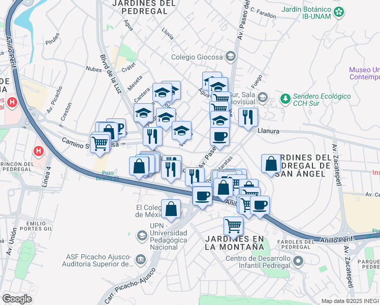 map of restaurants, bars, coffee shops, grocery stores, and more near Calle Camino Santa Teresa in Mexico City
