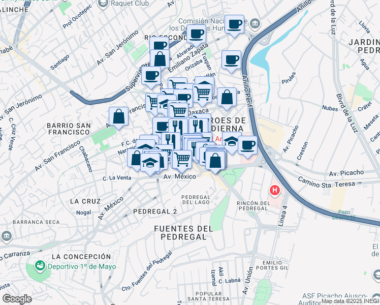 map of restaurants, bars, coffee shops, grocery stores, and more near Avenida México in Ciudad de México