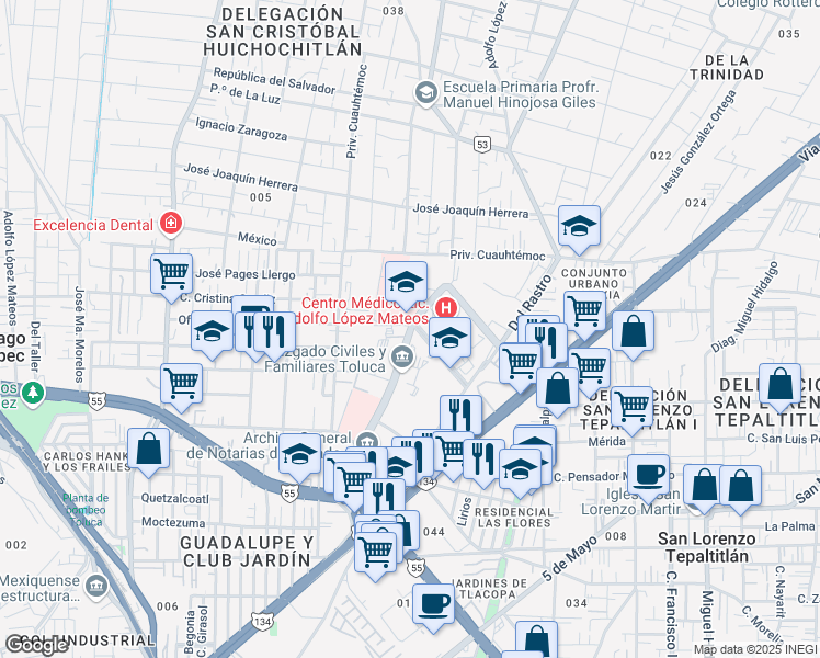map of restaurants, bars, coffee shops, grocery stores, and more near 115 Calle Doctor Nicolás San Juan in Toluca de Lerdo