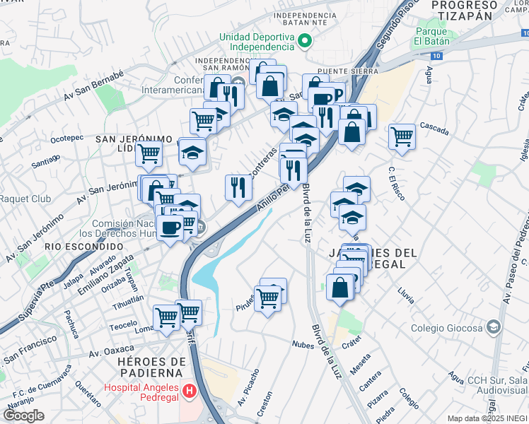 map of restaurants, bars, coffee shops, grocery stores, and more near 3332 Periferico Sur in Ciudad de México