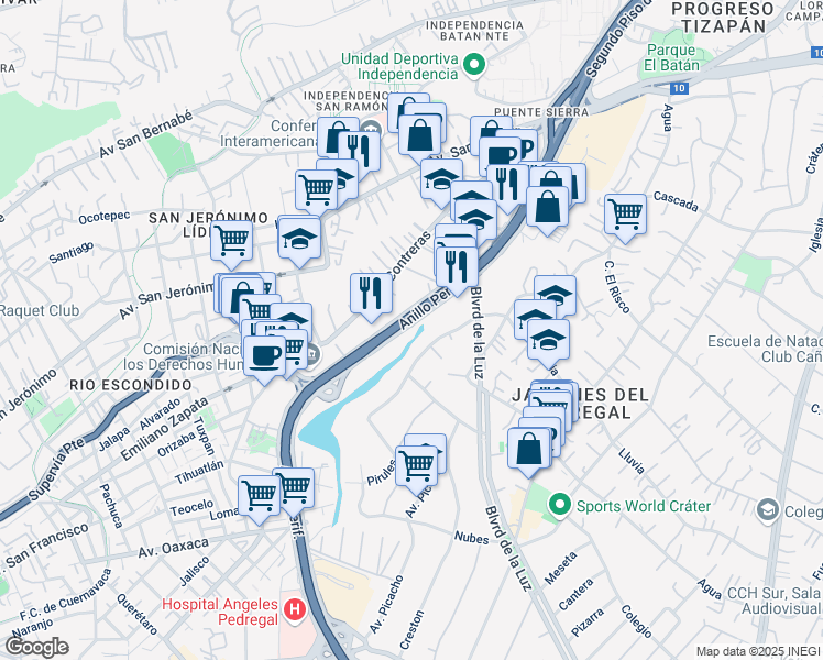 map of restaurants, bars, coffee shops, grocery stores, and more near 3332 Periferico Sur in Ciudad de México