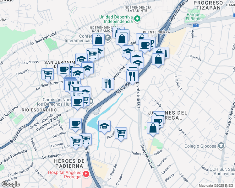 map of restaurants, bars, coffee shops, grocery stores, and more near Periferico Sur in Ciudad de México