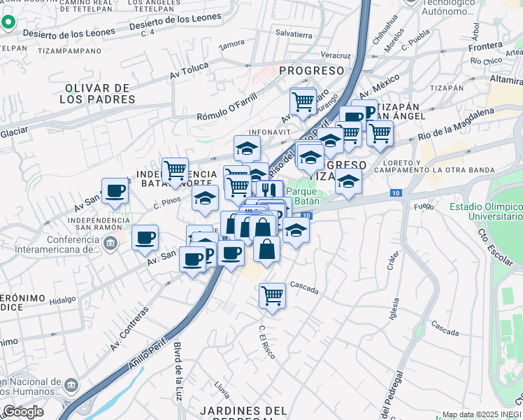 map of restaurants, bars, coffee shops, grocery stores, and more near 96 Popotla in Mexico City