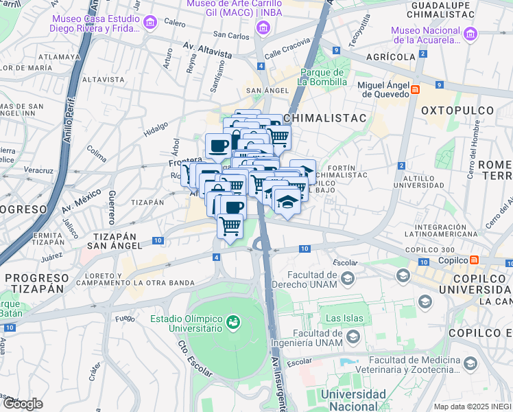 map of restaurants, bars, coffee shops, grocery stores, and more near 2475 Avenida de los Insurgentes Sur in Ciudad de México